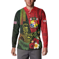 Hawaii And Tonga Button Sweatshirt King Kamehameha Tribal Ngatu Pattern LT14 - Polynesian Pride