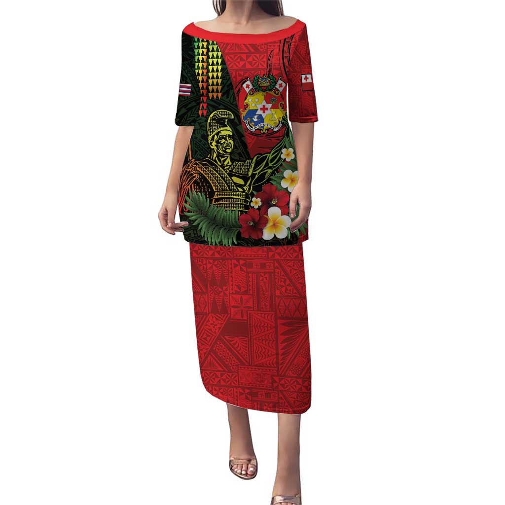 Hawaii And Tonga Puletasi King Kamehameha Tribal Ngatu Pattern LT14 Long Dress Red - Polynesian Pride