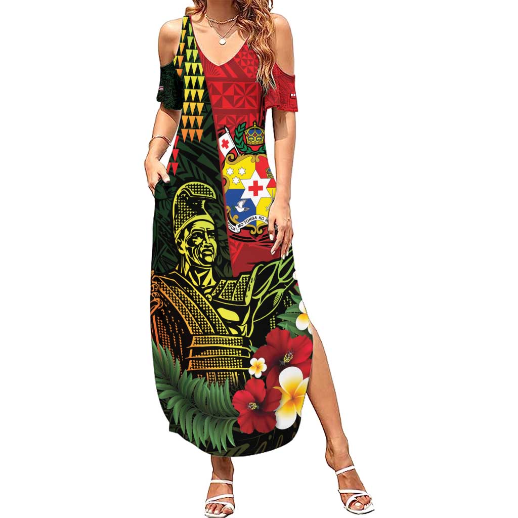 Hawaii And Tonga Summer Maxi Dress King Kamehameha Tribal Ngatu Pattern LT14 Women Red - Polynesian Pride