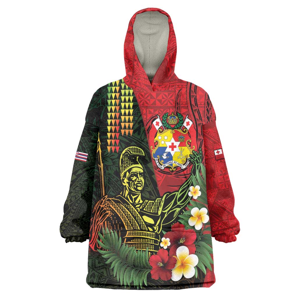 Hawaii And Tonga Wearable Blanket Hoodie King Kamehameha Tribal Ngatu Pattern LT14 One Size Red - Polynesian Pride