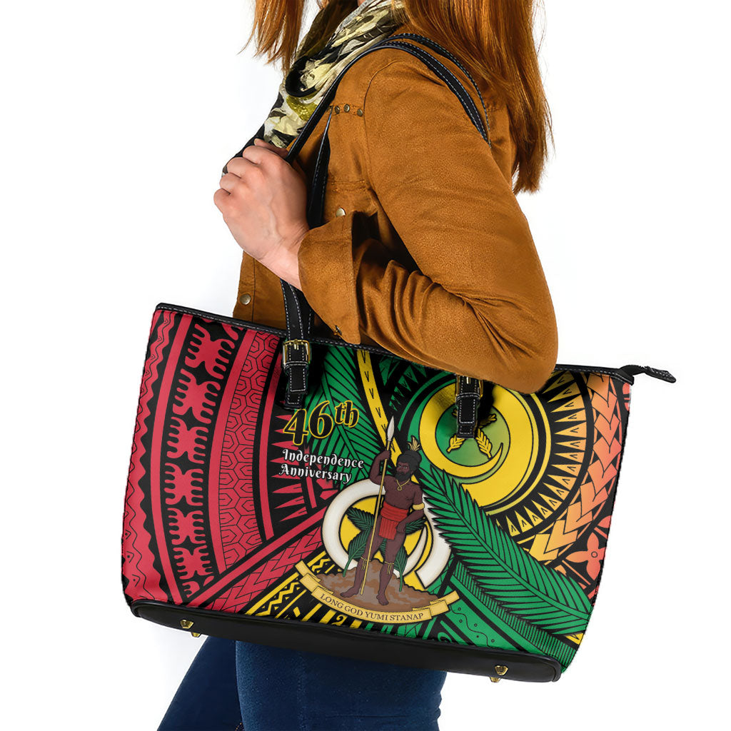 Halo Vanuatu Leather Tote Bag Happy 46th Independence Anniversary LT14 Black - Polynesian Pride