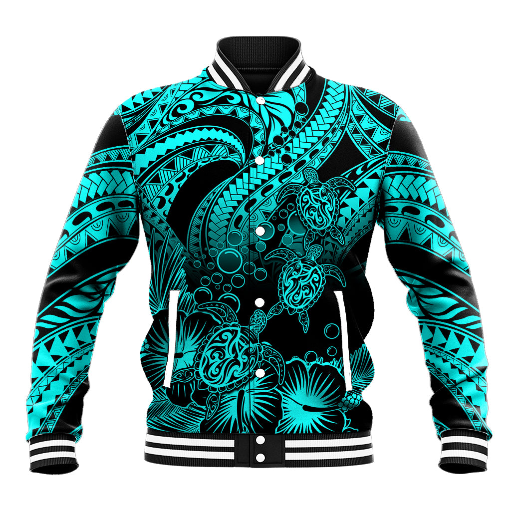 Personalised Polynesian Baseball Jacket Tribal Honu Turtle with Hibiscus Turquoise Version LT14 Unisex Turquoise - Polynesian Pride