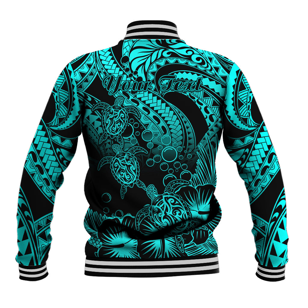 Personalised Polynesian Baseball Jacket Tribal Honu Turtle with Hibiscus Turquoise Version LT14 - Polynesian Pride
