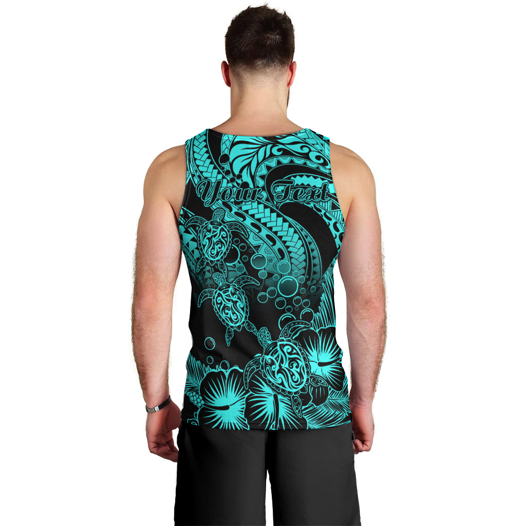 Personalised Polynesian Men Tank Top Tribal Honu Turtle with Hibiscus Turquoise Version LT14 - Polynesian Pride