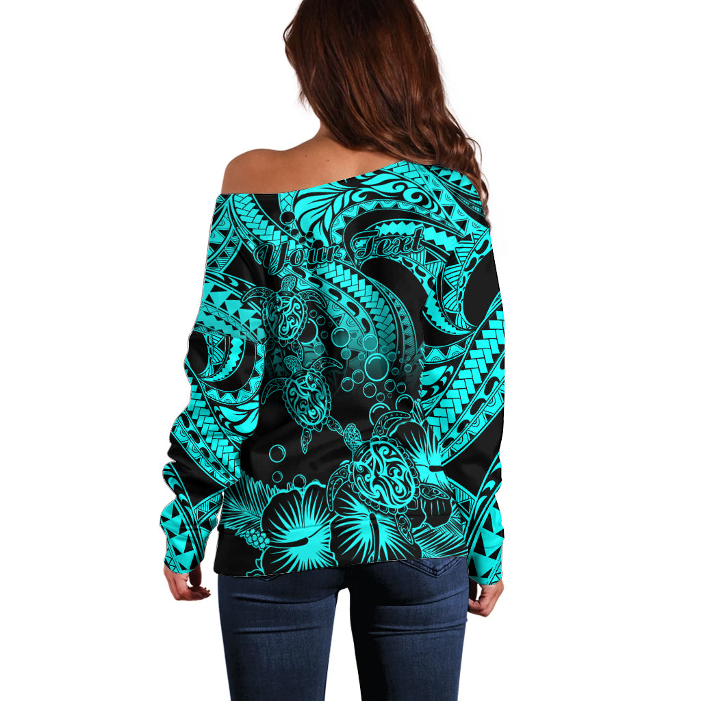 Personalised Polynesian Off Shoulder Sweater Tribal Honu Turtle with Hibiscus Turquoise Version LT14 - Polynesian Pride