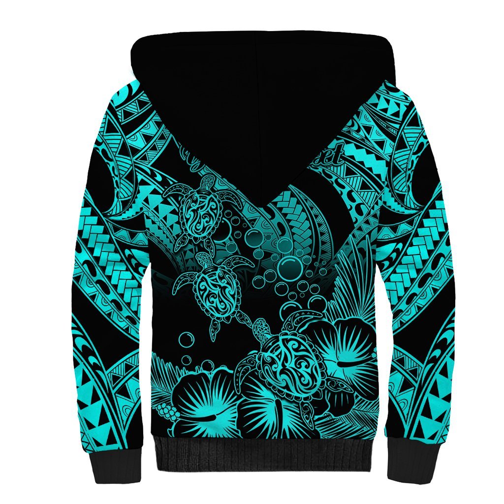 Personalised Polynesian Sherpa Hoodie Tribal Honu Turtle with Hibiscus Turquoise Version LT14 - Polynesian Pride