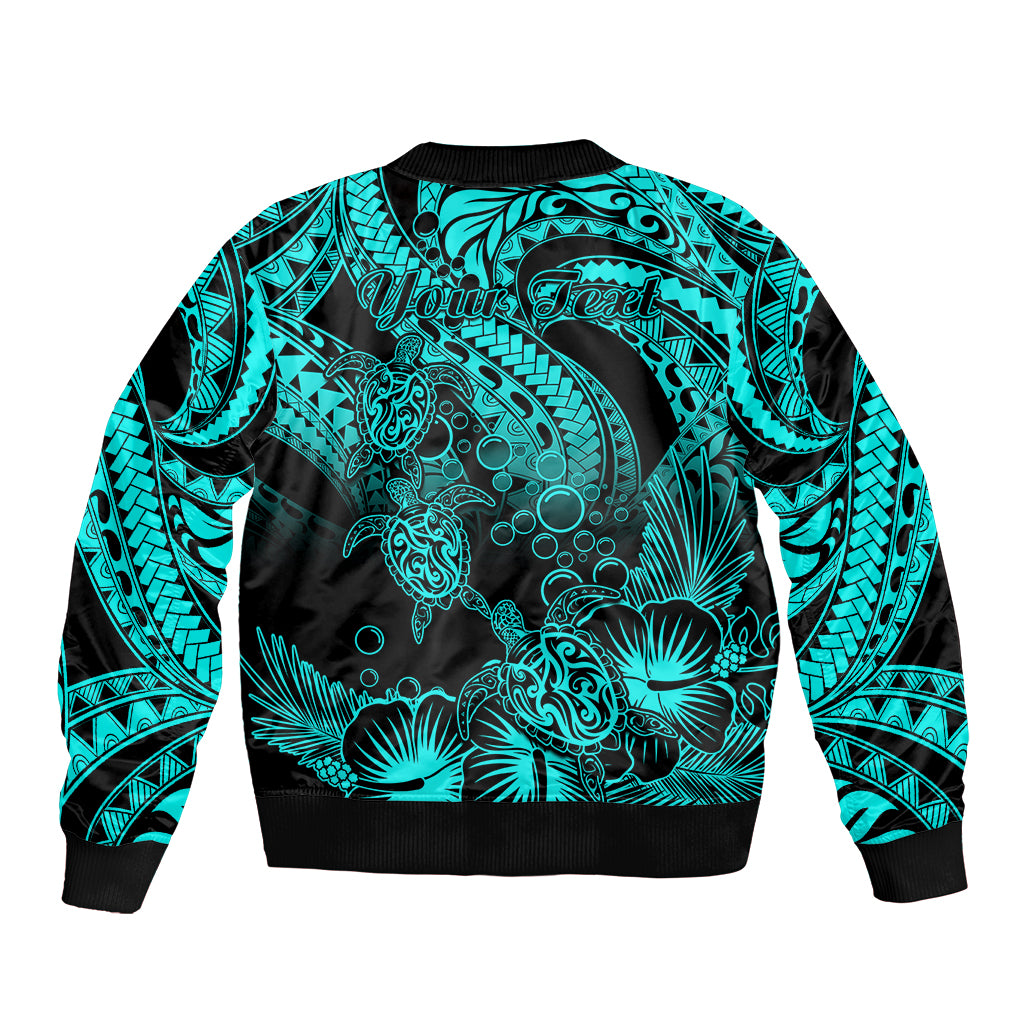 Personalised Polynesian Sleeve Zip Bomber Jacket Tribal Honu Turtle with Hibiscus Turquoise Version LT14 - Polynesian Pride