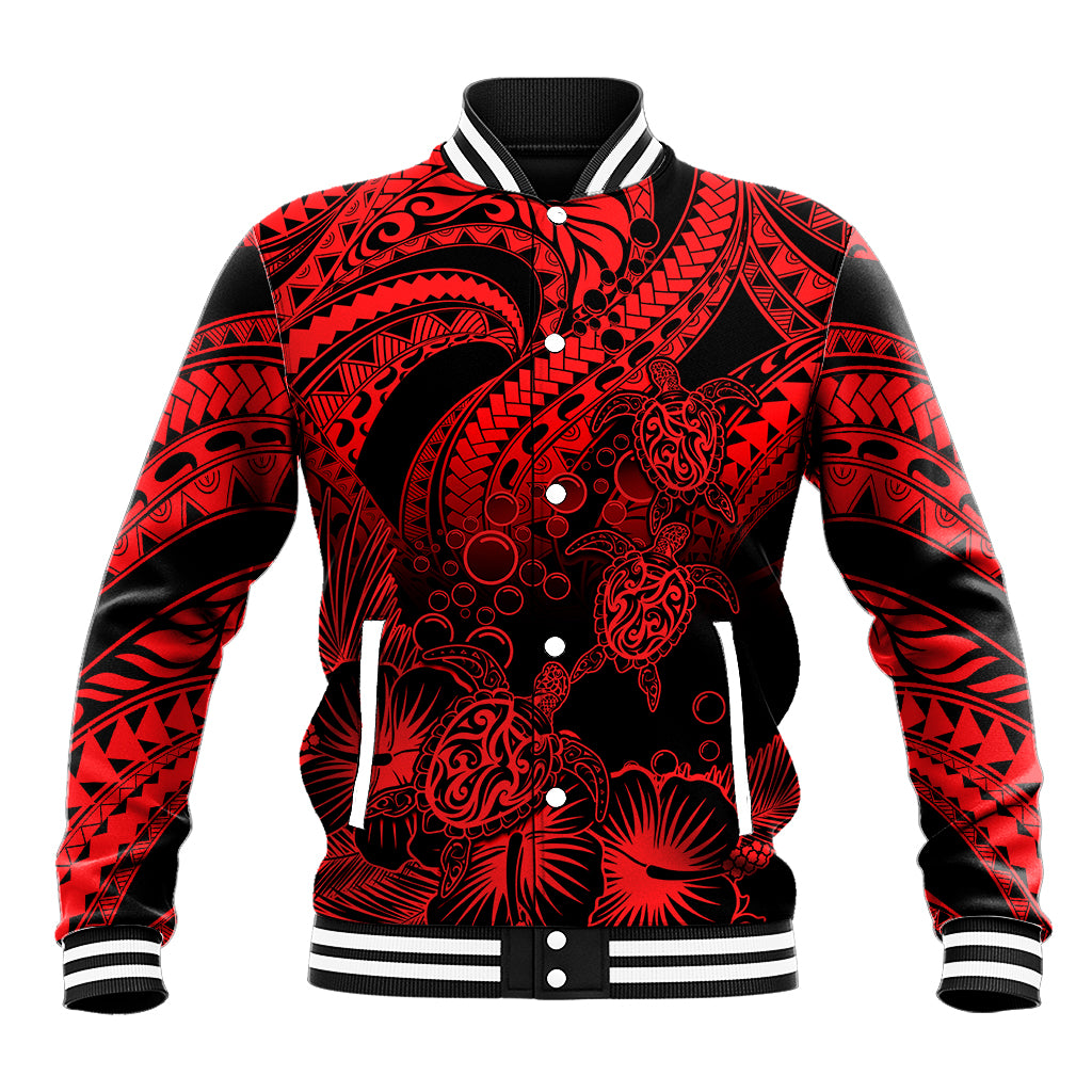 Personalised Polynesian Baseball Jacket Tribal Honu Turtle with Hibiscus Red Version LT14 Unisex Red - Polynesian Pride