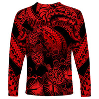 Personalised Polynesian Long Sleeve Shirt Tribal Honu Turtle with Hibiscus Red Version LT14 - Polynesian Pride
