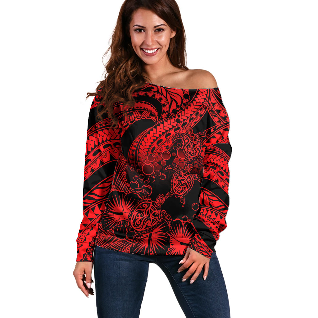 Personalised Polynesian Off Shoulder Sweater Tribal Honu Turtle with Hibiscus Red Version LT14 Women Red - Polynesian Pride