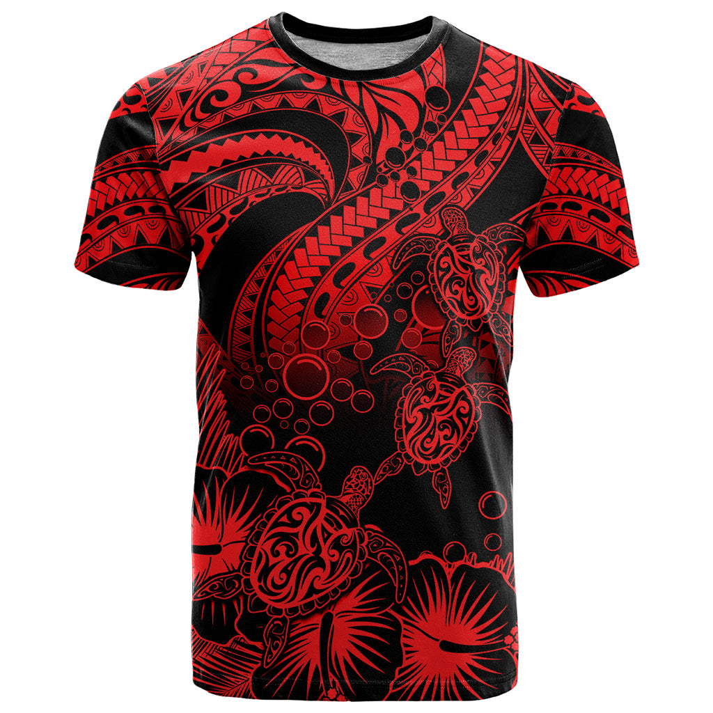 Custom Polynesian T Shirt Tribal Honu Turtle with Hibiscus Red Version LT14 Red - Polynesian Pride