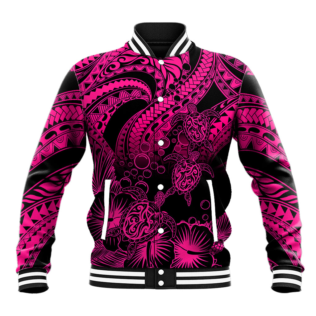 Personalised Polynesian Baseball Jacket Tribal Honu Turtle with Hibiscus Pink Version LT14 Unisex Pink - Polynesian Pride