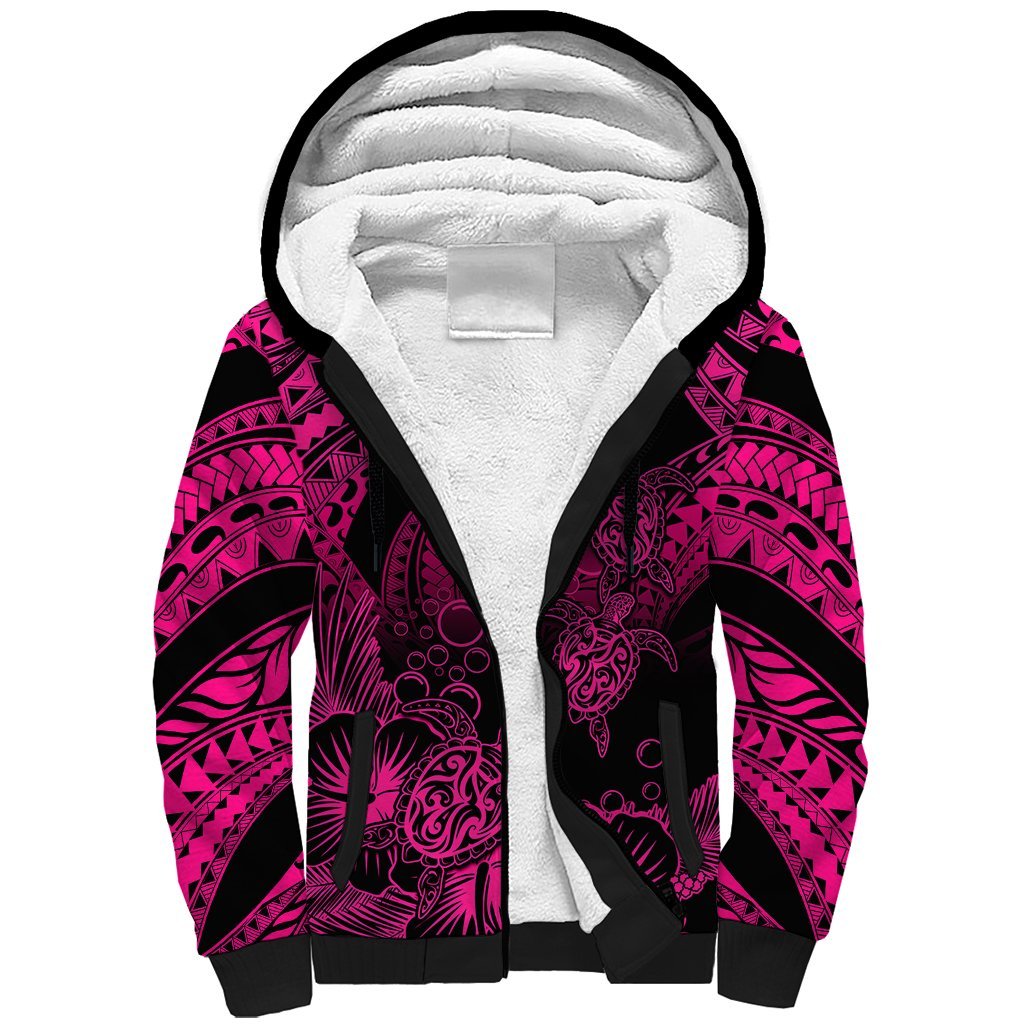Personalised Polynesian Sherpa Hoodie Tribal Honu Turtle with Hibiscus Pink Version LT14 Unisex Pink - Polynesian Pride