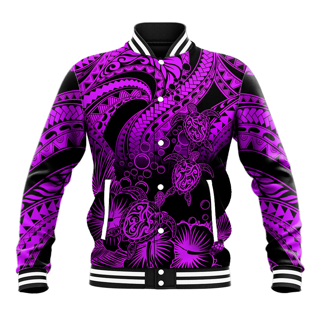Personalised Polynesian Baseball Jacket Tribal Honu Turtle with Hibiscus Purple Version LT14 Unisex Purple - Polynesian Pride