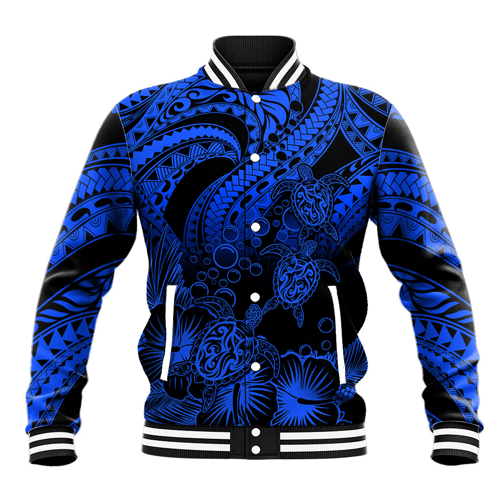 Personalised Polynesian Baseball Jacket Tribal Honu Turtle with Hibiscus Blue Version LT14 Unisex Blue - Polynesian Pride