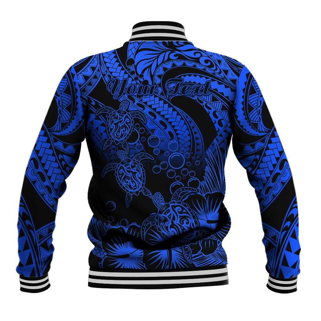 Personalised Polynesian Baseball Jacket Tribal Honu Turtle with Hibiscus Blue Version LT14 - Polynesian Pride
