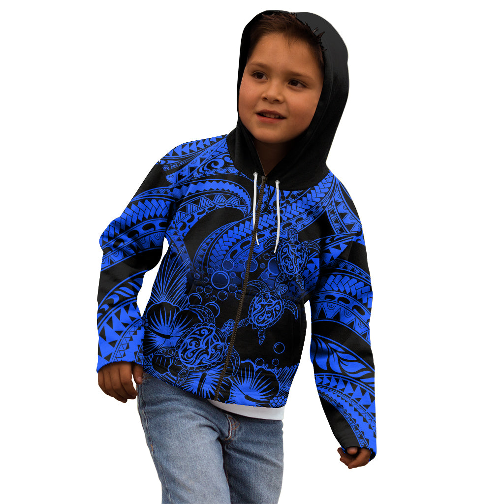 Personalised Polynesian Kid Hoodie Tribal Honu Turtle with Hibiscus Blue Version LT14 - Polynesian Pride