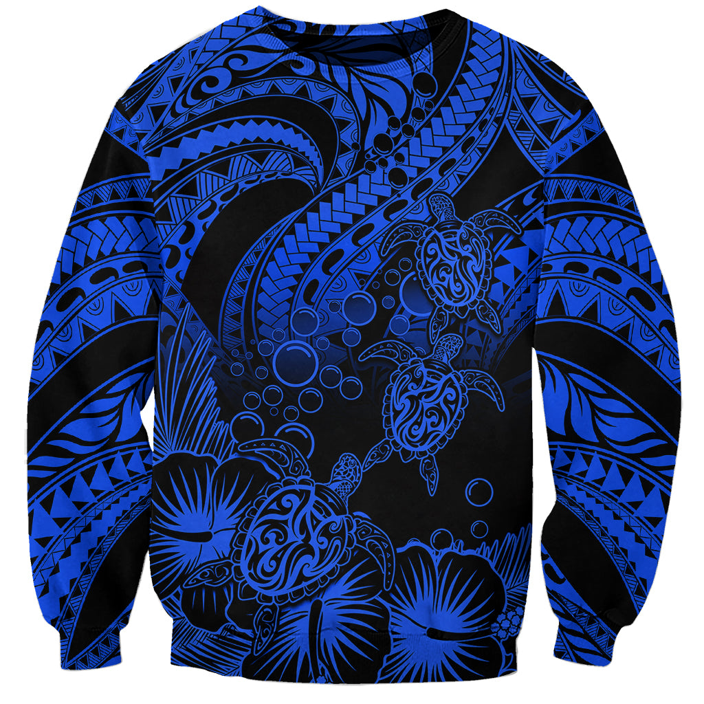 Personalised Polynesian Sweatshirt Tribal Honu Turtle with Hibiscus Blue Version LT14 Unisex Blue - Polynesian Pride