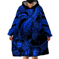 Personalised Polynesian Wearable Blanket Hoodie Tribal Honu Turtle with Hibiscus Blue Version LT14 - Polynesian Pride
