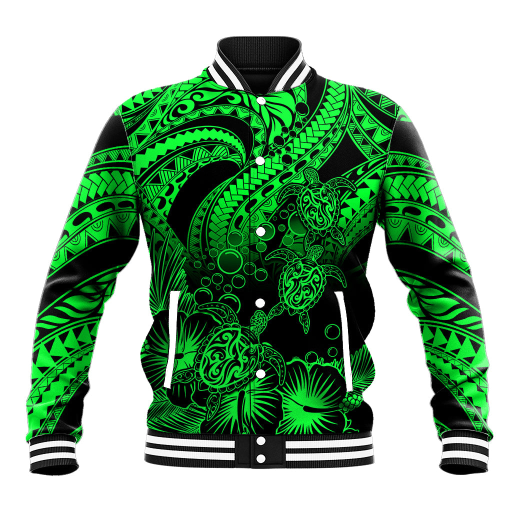 Personalised Polynesian Baseball Jacket Tribal Honu Turtle with Hibiscus Green Version LT14 Unisex Green - Polynesian Pride