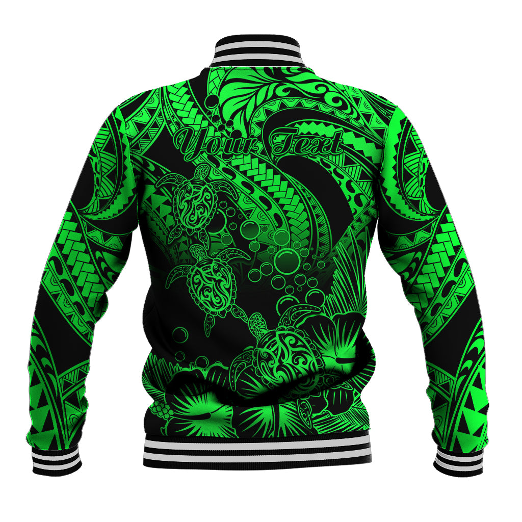 Personalised Polynesian Baseball Jacket Tribal Honu Turtle with Hibiscus Green Version LT14 - Polynesian Pride