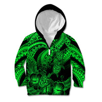 Personalised Polynesian Kid Hoodie Tribal Honu Turtle with Hibiscus Green Version LT14 Zip Hoodie Green - Polynesian Pride