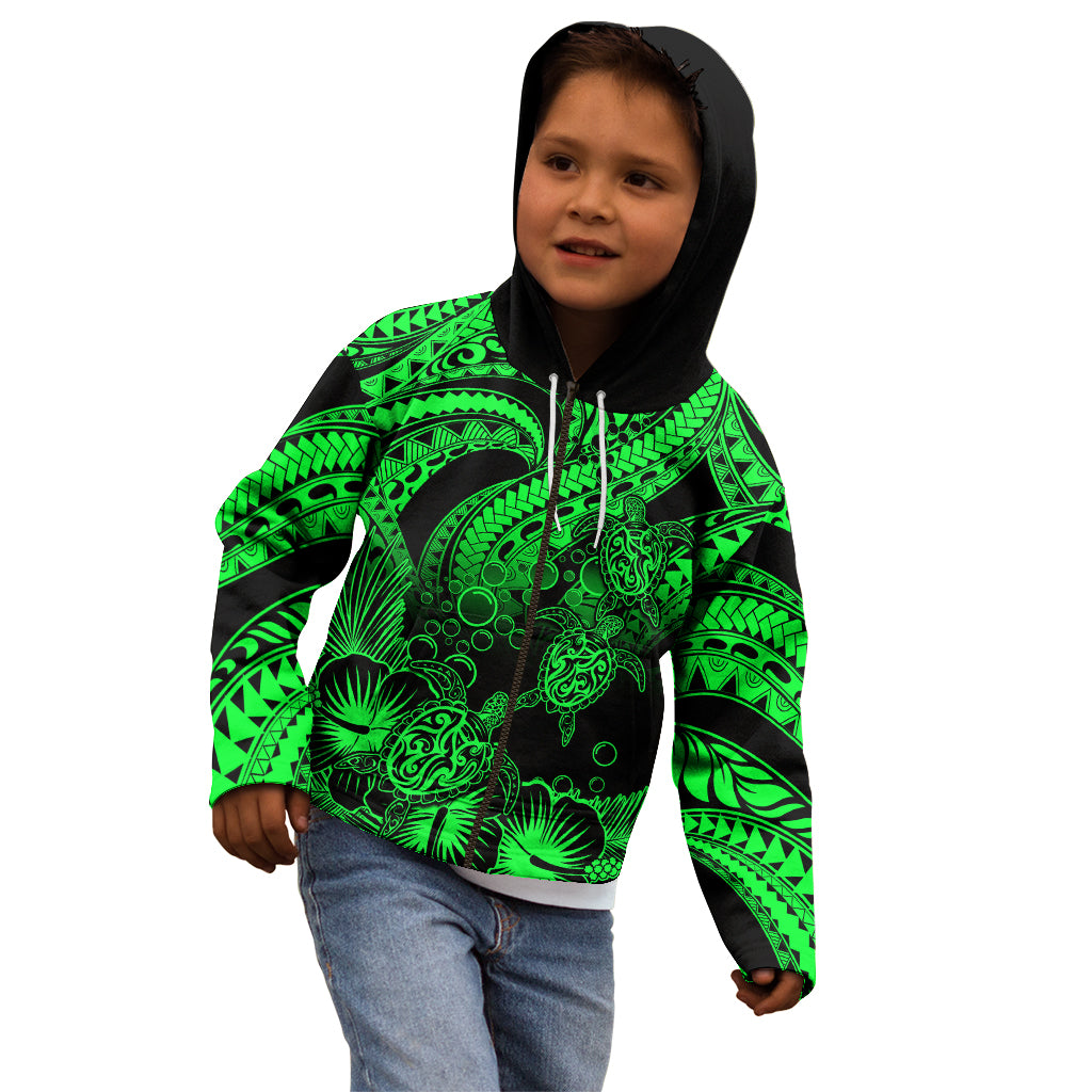 Personalised Polynesian Kid Hoodie Tribal Honu Turtle with Hibiscus Green Version LT14 - Polynesian Pride