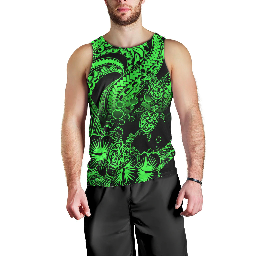 Personalised Polynesian Men Tank Top Tribal Honu Turtle with Hibiscus Green Version LT14 - Polynesian Pride