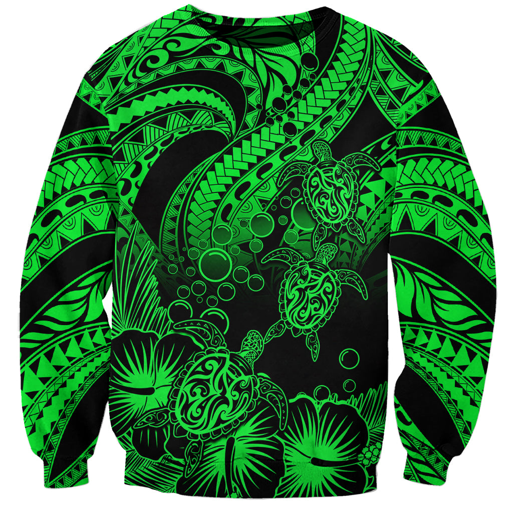 Personalised Polynesian Sweatshirt Tribal Honu Turtle with Hibiscus Green Version LT14 Unisex Green - Polynesian Pride