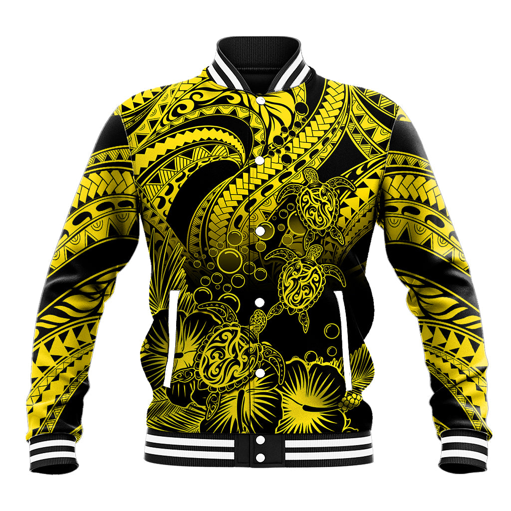 Personalised Polynesian Baseball Jacket Tribal Honu Turtle with Hibiscus Gold Version LT14 Unisex Gold - Polynesian Pride