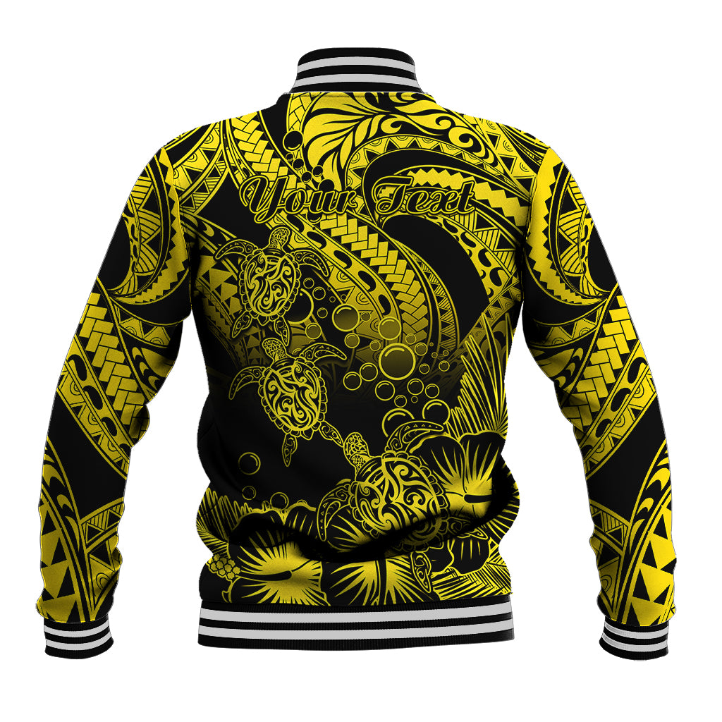 Personalised Polynesian Baseball Jacket Tribal Honu Turtle with Hibiscus Gold Version LT14 - Polynesian Pride