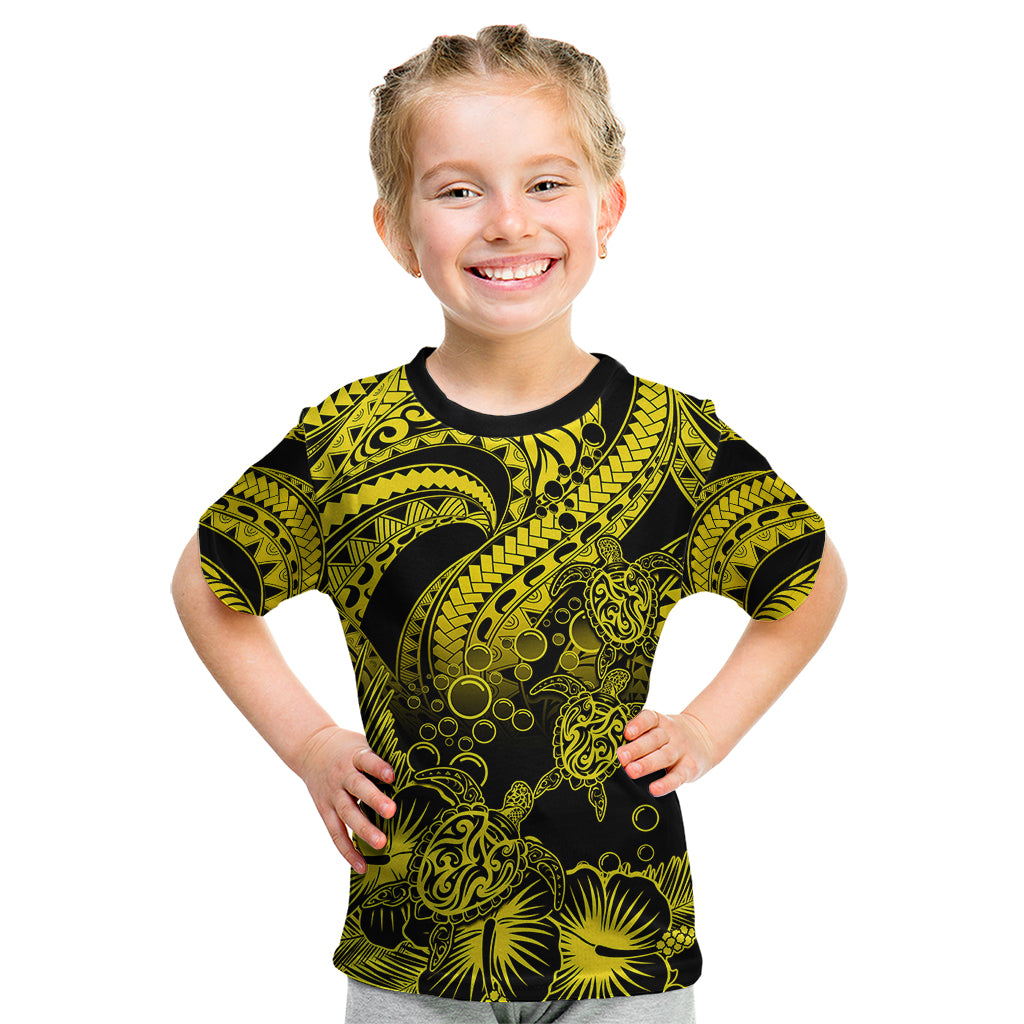 Personalised Polynesian Kid T Shirt Tribal Honu Turtle with Hibiscus Gold Version LT14 Gold - Polynesian Pride