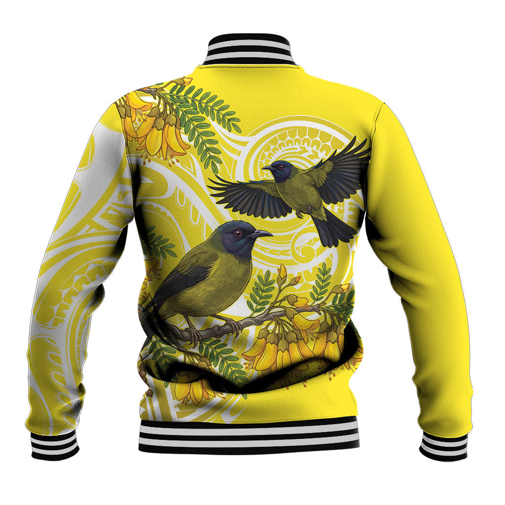 Bellbird New Zealand Baseball Jacket Korimako Kowhai Maori Pattern LT14 - Polynesian Pride