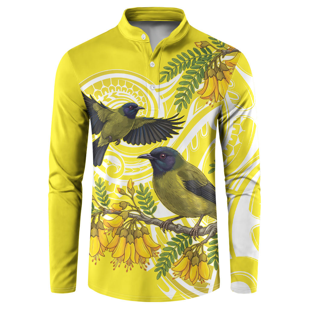 Bellbird New Zealand Button Sweatshirt Korimako Kowhai Maori Pattern LT14 Yellow - Polynesian Pride