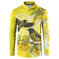 Bellbird New Zealand Button Sweatshirt Korimako Kowhai Maori Pattern LT14 Yellow - Polynesian Pride