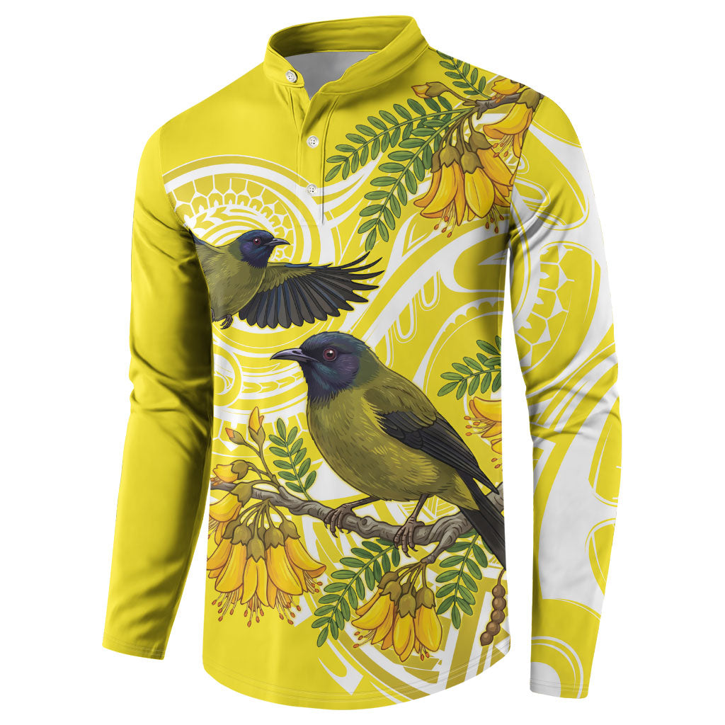 Bellbird New Zealand Button Sweatshirt Korimako Kowhai Maori Pattern LT14 - Polynesian Pride