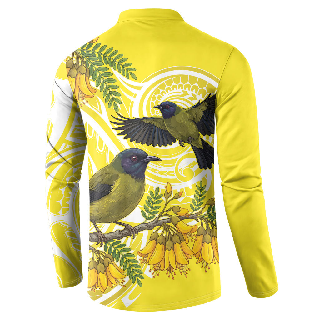Bellbird New Zealand Button Sweatshirt Korimako Kowhai Maori Pattern LT14 - Polynesian Pride