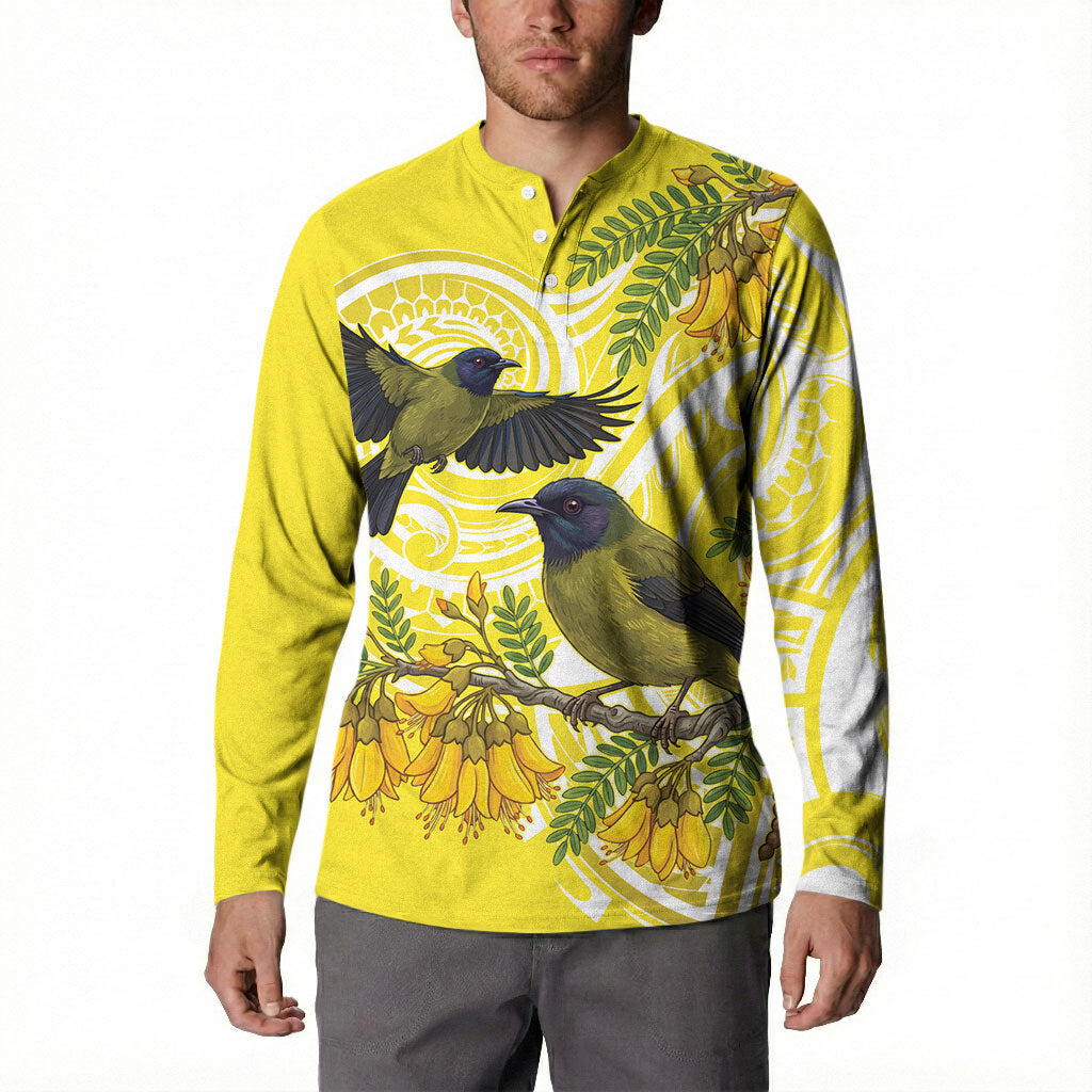 Bellbird New Zealand Button Sweatshirt Korimako Kowhai Maori Pattern LT14 - Polynesian Pride