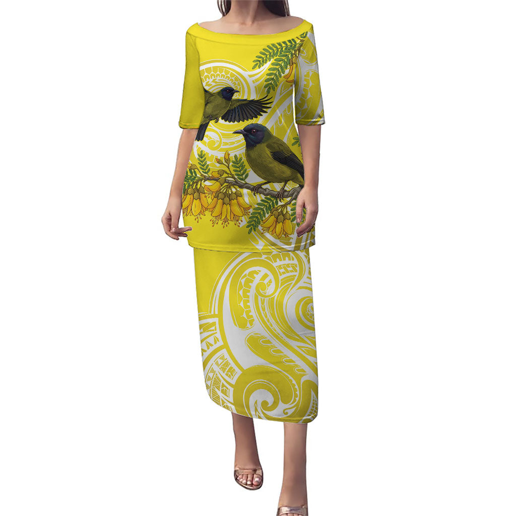 Bellbird New Zealand Puletasi Korimako Kowhai Maori Pattern LT14 Long Dress Yellow - Polynesian Pride