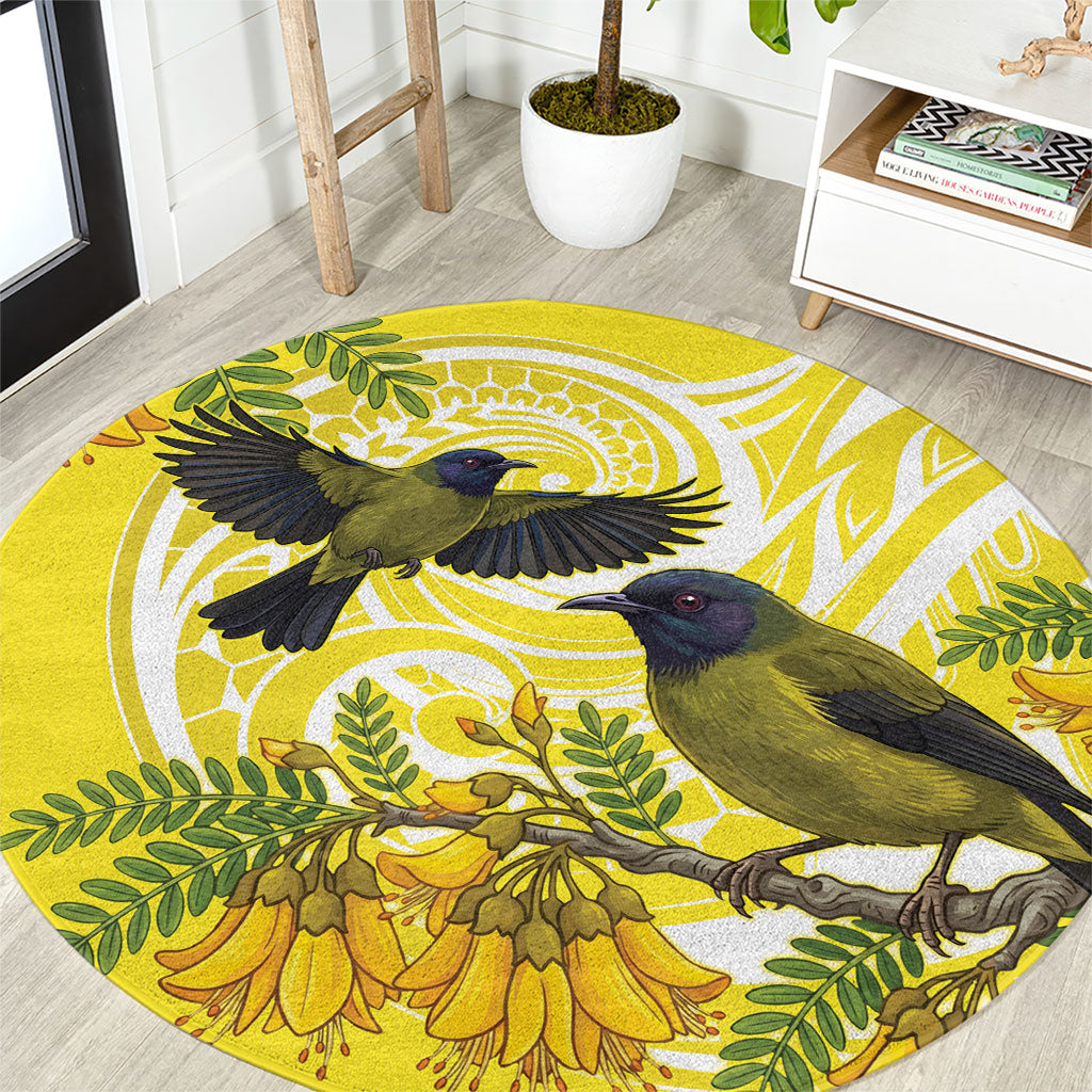 Bellbird New Zealand Round Carpet Korimako Kowhai Maori Pattern LT14 Yellow - Polynesian Pride