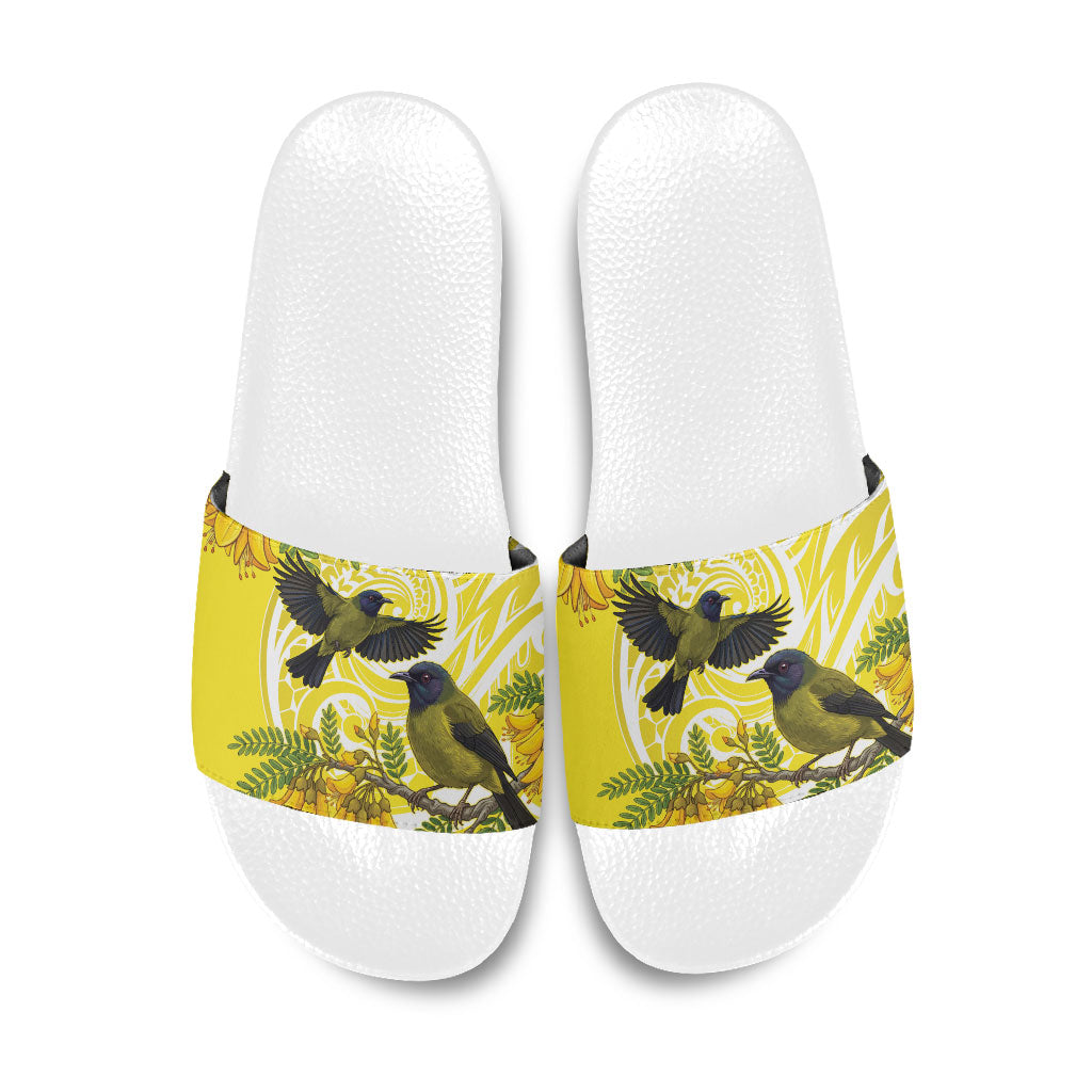 Bellbird New Zealand Slide Sandals Korimako Kowhai Maori Pattern LT14 Yellow - Polynesian Pride