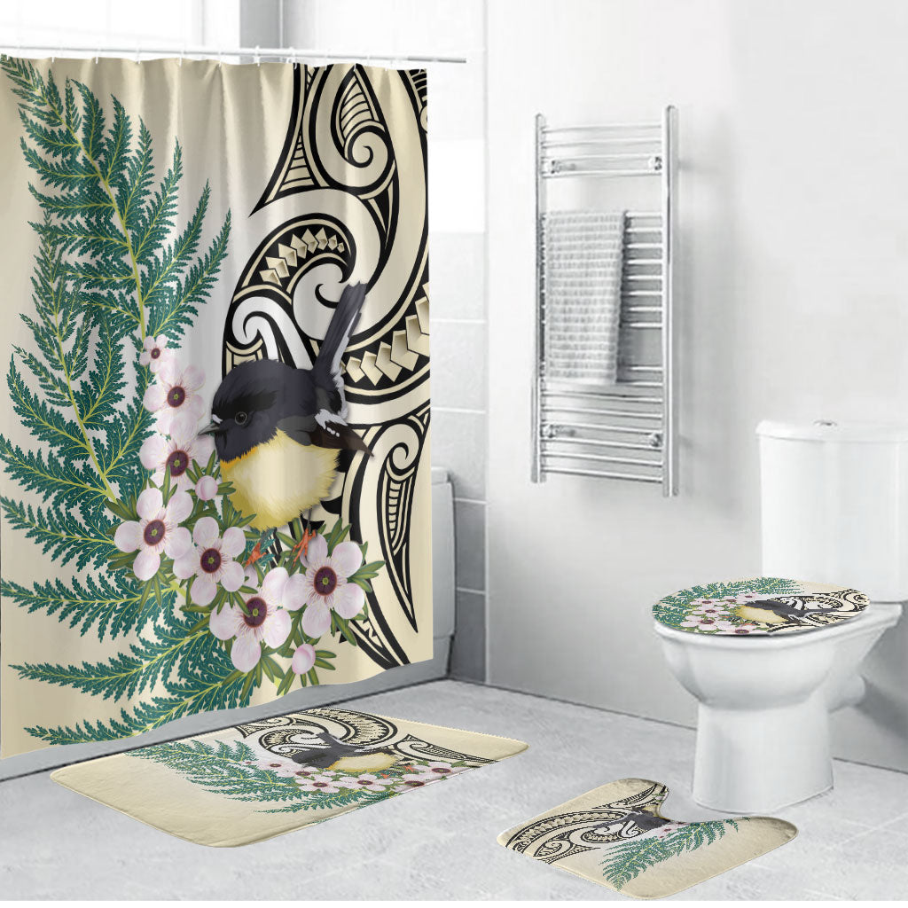 Endemic Tomtit New Zealand Bathroom Set Miromiro Manuka Silver Fern Maori Pattern LT14 Bathroom Set (4 pcs) Cream - Polynesian Pride