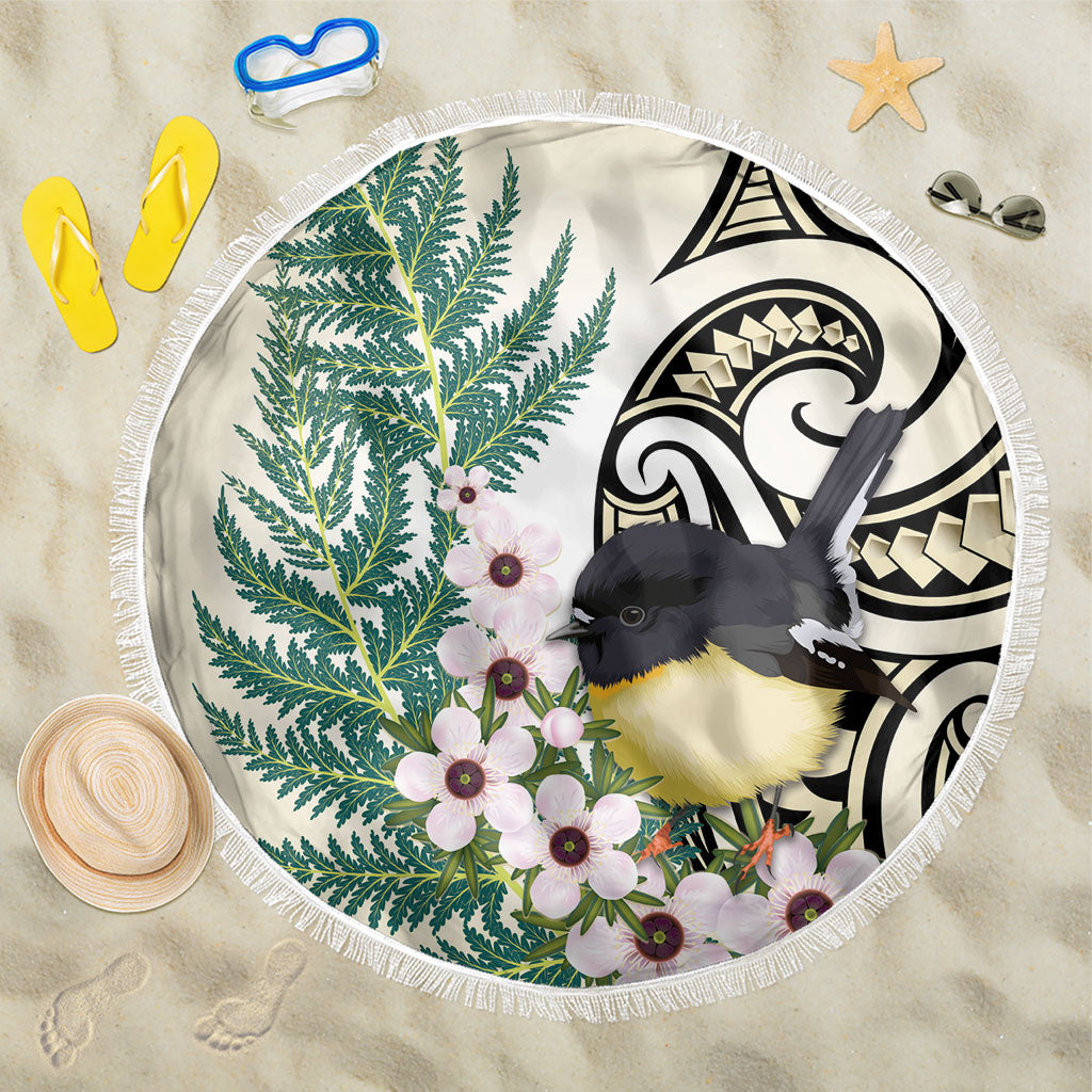 Endemic Tomtit New Zealand Beach Blanket Miromiro Manuka Silver Fern Maori Pattern LT14 One Size 150cm Cream - Polynesian Pride