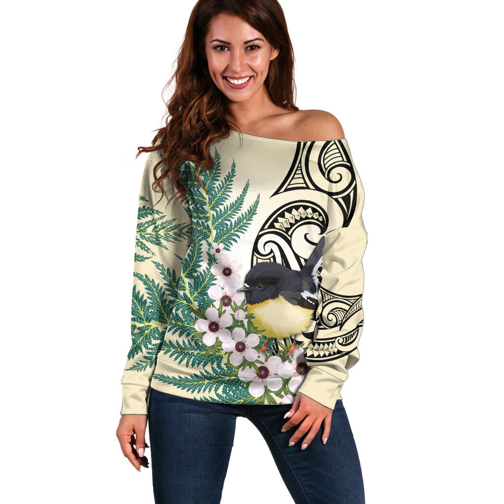 Endemic Tomtit New Zealand Off Shoulder Sweater Miromiro Manuka Silver Fern Maori Pattern LT14 Women Cream - Polynesian Pride