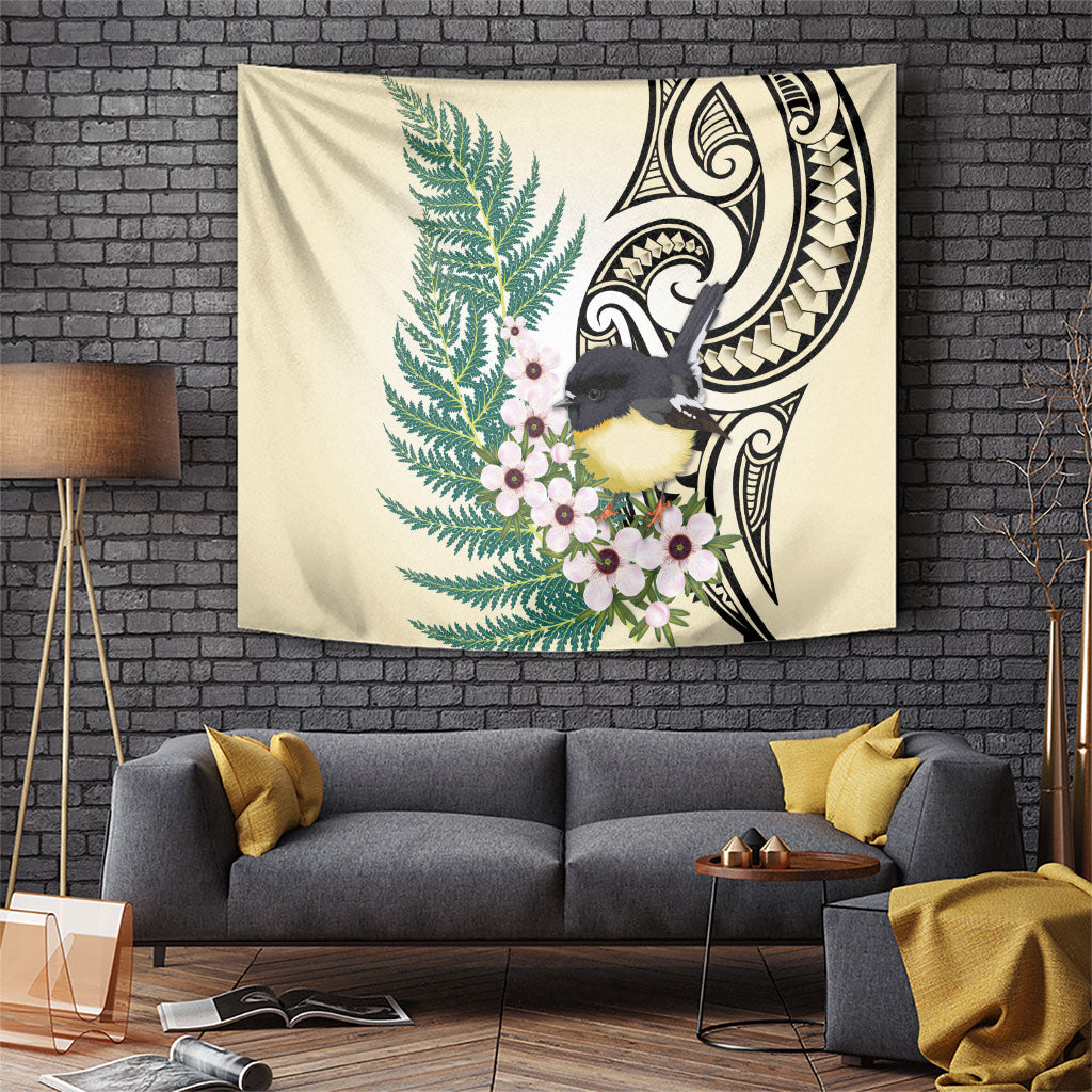 Endemic Tomtit New Zealand Tapestry Miromiro Manuka Silver Fern Maori Pattern LT14 Cream - Polynesian Pride