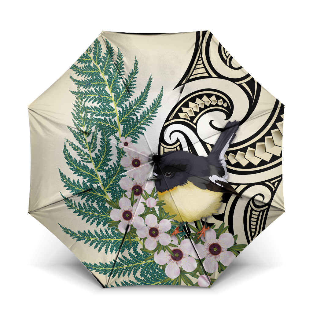 Endemic Tomtit New Zealand Umbrella Miromiro Manuka Silver Fern Maori Pattern LT14 One Size Folded 11.42 inch Opened Diameter 37.4 inch Cream - Polynesian Pride