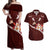 Oxblood Polynesia Couples Matching Off Shoulder Maxi Dress and Hawaiian Shirt Tribal Pattern Tropical Frangipani