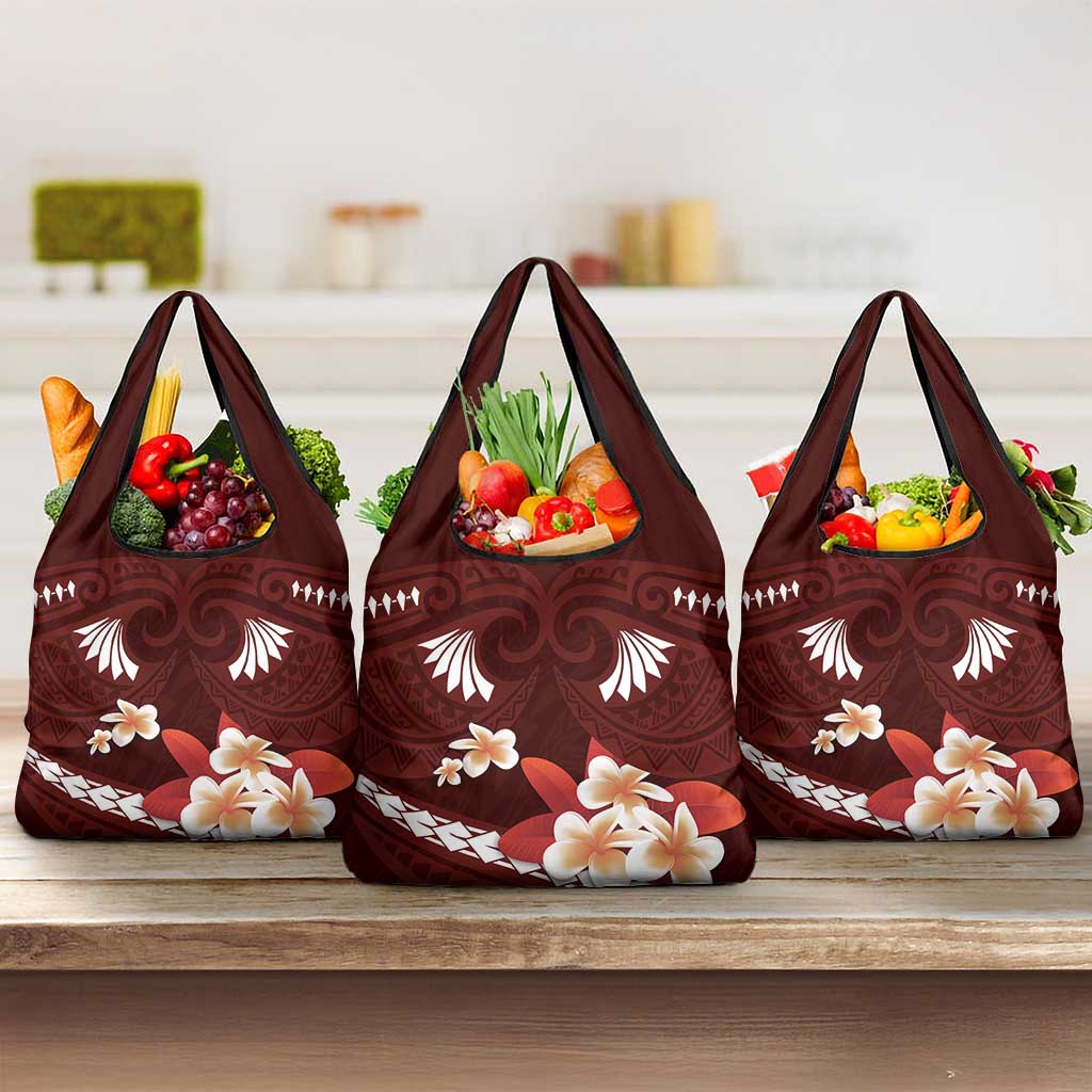 Oxblood Polynesia Grocery Bag Tribal Pattern Tropical Frangipani LT14 3-pack One Size Oxblood - Polynesian Pride