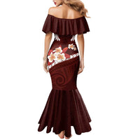 Oxblood Polynesia Mermaid Dress Tribal Pattern Tropical Frangipani LT14 - Polynesian Pride