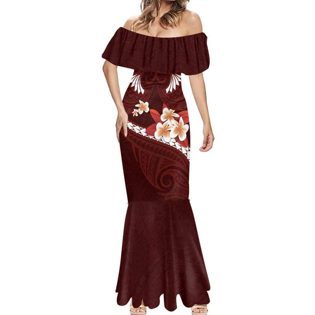 Oxblood Polynesia Mermaid Dress Tribal Pattern Tropical Frangipani LT14 - Polynesian Pride